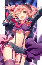 Rule 34 | 10s, 1girl, ;d, black gloves, bow, breasts, brown eyes, crop top, crop top overhang, earrings, frills, garter straps, gloves, hair bow, hair ornament, hat, highres, idolmaster, idolmaster cinderella girls, jewelry, jougasaki mika, long sleeves, midriff, mini hat, murakami yuichi, nail polish, navel, necklace, necktie, one eye closed, open mouth, outstretched arm, pink hair, pink thighhighs, shiny skin, short shorts, shorts, smile, solo, sparkle, star (symbol), star hair ornament, stud earrings, suspenders, thighhighs, underboob, v, v over eye, zettai ryouiki
