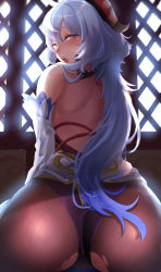 Rule 34 | 1girl, absurdres, ass, az nyam, back, bare shoulders, blue hair, blush, bow, from behind, ganyu (genshin impact), genshin impact, hair bow, half-closed eyes, highres, horns, indoors, leotard, long sleeves, looking at viewer, looking back, low ponytail, open mouth, pantyhose, purple eyes, saliva, teeth, torn clothes, torn legwear, upper teeth only, window