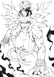 Rule 34 | 1girl, absurdres, akuma (street fighter), belt, breasts, claws, deathwingxiii, demon girl, gender request, genderswap, greyscale, highres, large breasts, licking lips, medium hair, monochrome, muscular, muscular female, one eye closed, road, rope belt, sharp teeth, shiny skin, smile, smoke, solo, street, street fighter, teeth, tongue, tongue out, upper body, upper teeth only