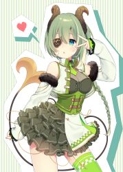 Rule 34 | 1girl, :o, absurdres, arm up, black skirt, blue eyes, braid, breasts, cleavage, demon horns, detached sleeves, eyepatch, fur-trimmed sleeves, fur trim, green hair, hair between eyes, heart, highres, honey strap, horns, kusumoto shizuru, lace-trimmed sleeves, lace trim, layered skirt, long hair, long sleeves, medium breasts, nanashi inc., open clothes, open vest, parted lips, pixelated, pleated skirt, see-through, see-through cleavage, sekishiro mico, single braid, skirt, sleeves past wrists, solo, spoken heart, striped background, tail, v over eye, very long hair, vest, virtual youtuber, white sleeves, white vest
