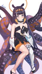Rule 34 | 1girl, animal ears, ao-chan (ninomae ina&#039;nis), asurada yui, bare shoulders, black dress, black footwear, black gloves, black hair, blue eyes, blunt bangs, blush, book, brown hair, closed mouth, commentary, detached sleeves, dress, feathered wings, gloves, gradient background, gradient hair, half gloves, halo, highres, holding, holding book, hololive, hololive english, long hair, long sleeves, looking at viewer, low wings, mole, mole under eye, multicolored hair, ninomae ina&#039;nis, ninomae ina&#039;nis (1st costume), pink background, pointy ears, sandals, signature, single detached sleeve, single thighhigh, sitting, smile, solo, strapless, strapless dress, tentacles, thighhighs, very long hair, virtual youtuber, white background, white sleeves, white thighhighs, white wings, wings, zouri
