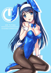Rule 34 | 1girl, animal ears, black pantyhose, blue background, blue bow, blue bowtie, blue eyes, blue hair, blue leotard, bow, bowtie, breasts, character name, cleavage, commentary request, copyright name, detached collar, drop shadow, fake animal ears, foot out of frame, full body, futaba aoi (vividred operation), leotard, looking at viewer, medium breasts, nonbe, pantyhose, playboy bunny, power symbol, rabbit ears, rabbit tail, smile, solo, strapless, strapless leotard, tail, vividred operation, wrist cuffs
