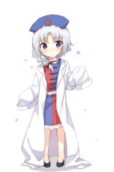 Rule 34 | 1girl, aged down, alternate hair length, alternate hairstyle, bad id, bad twitter id, blue eyes, blush, bow, braid, coat, dress, frown, full body, hair bow, hair ornament, hair ribbon, hat, lab coat, long sleeves, looking at viewer, no socks, nurse cap, open clothes, open coat, oversized clothes, ribbon, shnva, short hair, silver hair, simple background, single braid, sleeves past wrists, solo, sweatdrop, touhou, vest, white background, yagokoro eirin