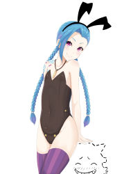 Rule 34 | 1girl, absurdres, animal ears, atg (wttoo0202), blue hair, braid, fake animal ears, hairline, highres, jewelry, jinx (league of legends), league of legends, long hair, necklace, pink eyes, playboy bunny, rabbit ears, tattoo, thighhighs, twin braids