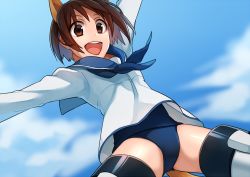 Rule 34 | 1girl, animal ears, bad id, bad pixiv id, brown eyes, brown hair, dog ears, dog tail, maguro (ma-glo), miyafuji yoshika, open mouth, school swimsuit, short hair, solo, strike witches, striker unit, swimsuit, swimsuit under clothes, tail, world witches series