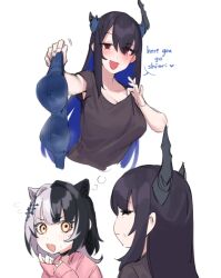 Rule 34 | 2girls, asymmetrical horns, black hair, blue hair, bra, breasts, colored inner hair, dasdokter, demon horns, grey hair, hair ornament, holding, holding bra, holding clothes, holding underwear, hololive, hololive english, horns, large breasts, long hair, looking at viewer, mole, mole under eye, multicolored hair, multiple girls, nerissa ravencroft, presenting bra, red eyes, removing bra under shirt, shiori novella, sketch, smile, split-color hair, steaming clothes, two-tone hair, underwear, uneven horns, virtual youtuber, yellow eyes