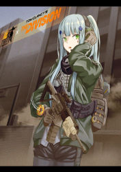 Rule 34 | 1girl, agent 416 (girls&#039; frontline), assault rifle, backpack, bag, black pantyhose, black scarf, black shorts, blue hair, brown gloves, building, character name, feet out of frame, flatbox, girls&#039; frontline, gloves, green eyes, green jacket, gun, h&amp;k hk416, hair ornament, hairclip, hand on headset, headset, highres, hk416 (girls&#039; frontline), holding, holding gun, holding weapon, jacket, long hair, long sleeves, looking at viewer, official alternate costume, open clothes, open jacket, open mouth, pantyhose, rifle, scarf, shorts, solo, standing, tactical clothes, talking on phone, teardrop facial mark, teardrop tattoo, tom clancy&#039;s the division, weapon