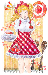 Rule 34 | :d, ^ ^, cherry, clock, closed eyes, closed eyes, food, food-themed clothes, fork, fruit, head tilt, musical note, open mouth, skirt, smile, solo, sparkle, spoon, tea, twintails, waitress, yamaji maya