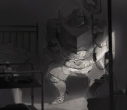 Rule 34 | 1boy, 39theonario, alphonse elric, apron, armor, bed, bed frame, bed sheet, black gloves, blood, blood bag, blurry, blurry foreground, bottle, chair, commentary, darkness, depth of field, english commentary, floor, full armor, fullmetal alchemist, gloves, grey theme, indoors, interlocked fingers, light rays, male focus, moonlight, night, own hands together, pillow, plate, red eyes, room, serving cart, sitting, tile floor, tiles