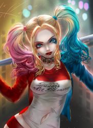 Rule 34 | 1girl, asymmetrical hair, batman (series), blonde hair, blue eyes, blue hair, blurry, blurry background, collar, contrapposto, dc comics, gradient hair, hair ornament, harley quinn, head tilt, jacket, kyp7253, lipstick, looking at viewer, makeup, multicolored clothes, multicolored hair, open clothes, open jacket, pink hair, red lips, shirt, solo, suicide squad, tongue, tongue out, torn clothes, torn shirt, upper body