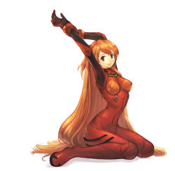 Rule 34 | 1girl, alternate hair length, alternate hairstyle, arched back, armpits, arms up, bad id, bad pixiv id, blue eyes, bodysuit, boots, bracer, breasts, closed mouth, covered erect nipples, from side, full body, gloves, hair between eyes, hair spread out, hand on own arm, headgear, hip focus, impossible bodysuit, impossible clothes, interface headset, knees together feet apart, kuzuvine, light smile, lips, long hair, looking at viewer, medium breasts, narrow waist, neon genesis evangelion, orange hair, own hands together, parted bangs, pilot suit, plugsuit, red bodysuit, shadow, simple background, sitting, skin tight, smile, solo, souryuu asuka langley, stretching, turtleneck, two side up, very long hair, wariza, white background