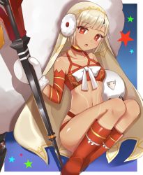 Rule 34 | 1girl, :o, altera (fate), altera the santa (fate), animal, armpit crease, bad id, bad pixiv id, bandeau, bare shoulders, blue background, blush, boots, breasts, brown hair, choker, collarbone, commentary request, dark-skinned female, dark skin, detached sleeves, earmuffs, fate/grand order, fate (series), head tilt, holding, holding staff, itoi toi, knee boots, legs up, long sleeves, looking at viewer, mittens, navel, parted lips, red eyes, red footwear, revealing clothes, sheep, short hair, small breasts, solo, staff, star (symbol), thighs, veil, white mittens