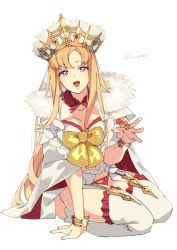Rule 34 | 1girl, blonde hair, breasts, candy, cloak, crown, europa (fate), eyebrows hidden by hair, fate/grand order, fate (series), food, holding, holding candy, holding food, long hair, looking at viewer, lunapont, open mouth, purple eyes, ribbon, simple background, sitting, smile, solo, thighhighs, white background, white thighhighs
