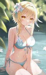 Rule 34 | 1girl, bare shoulders, bikini, blonde hair, blush, breasts, cleavage, feather hair ornament, feathers, flower, genshin impact, hair flower, hair ornament, highres, large breasts, looking at viewer, lumine (genshin impact), medium hair, nasii, navel, parted lips, pond, sidelocks, solo, swimsuit, thighs, water, wet, white bikini, yellow eyes