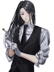 Rule 34 | 1boy, black eyes, black hair, blood, blood on face, chokeke 005, expressionless, gloves, highres, holding, holding needle, holding weapon, hunter x hunter, illumi zoldyck, long hair, male focus, necktie, needle, sleeves rolled up, solo, vest, weapon, white background