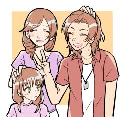 Rule 34 | absurdres, brother and sister, daimon chika, daimon masaru (digimon savers), daimon sayuri, digimon, family, green eyes, happy, highres, mother and daughter, mother and son, siblings, smile, v