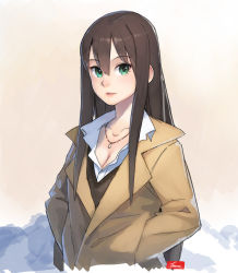 Rule 34 | 10s, 1girl, breasts, brown hair, coat, efmoe, green eyes, hair between eyes, hands in pockets, highres, idolmaster, idolmaster cinderella girls, jewelry, light smile, long hair, looking at viewer, necklace, parted lips, shibuya rin, sidelocks, signature, simple background, smile, solo, upper body