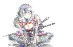 Rule 34 | 1girl, armor, black hair, black thighhighs, breasts, butterfly sitting, capcom, cleavage, cleavage cutout, clothing cutout, gypceros (armor), hairband, leaning forward, long hair, marmelo, monster hunter (series), sitting, solo, sword, thighhighs, weapon