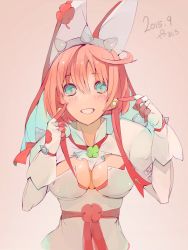Rule 34 | 1girl, absurdres, animal ears, blue eyes, blush, bow, breasts, cleavage cutout, clothing cutout, dress, ear ribbon, earrings, elphelt valentine, female focus, flower, gloves, guilty gear, guilty gear xrd, hairband, hat, highres, jewelry, large breasts, long hair, pink hair, pisuta (yamashiro), simple background, smile, solo