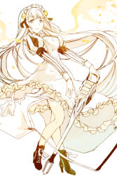 Rule 34 | 1girl, bad id, bad twitter id, blue eyes, boots, closed mouth, dress, energy wings, flower, hair flower, hair ornament, long hair, long sleeves, looking at viewer, maid headdress, moo alice moo, petals, puffy sleeves, rapunzel (sinoalice), ribbon, sidelocks, sinoalice, smile, solo, watering can, white background, white hair, wings, yellow flower