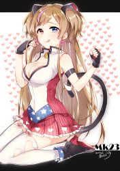 Rule 34 | 1girl, :p, artist name, black footwear, black gloves, blue eyes, blush, boots, breasts, brown hair, character name, closed mouth, dated, earrings, fingerless gloves, girls&#039; frontline, gloves, hands up, heart, heart background, heart earrings, heart print, heterochromia, highres, jewelry, large breasts, leafwow, looking at viewer, mk23 (girls&#039; frontline), multicolored hair, pink hair, pink skirt, red eyes, seiza, sidelocks, signature, sitting, skirt, smile, solo, streaked hair, tareme, thighhighs, tongue, tongue out, torn clothes, torn thighhighs, two side up, vest, white thighhighs