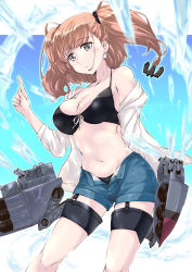 Rule 34 | atlanta (kancolle), bikini, bikini top only, black bikini, breasts, cleavage, commentary request, cowboy shot, denim, denim shorts, earrings, front-tie bikini top, front-tie top, hair ornament, jewelry, kantai collection, large breasts, mikage takashi, rigging, shorts, solo, standing, star (symbol), star earrings, stomach, swimsuit, tagme, thigh strap, twintails, two side up
