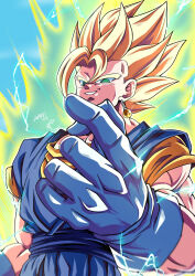 Rule 34 | 1boy, artist name, aura, biceps, blonde hair, blue sash, blue sky, commentary request, day, dougi, dragon ball, dragonball z, earrings, electricity, energy, from below, gloves, green eyes, grin, hair between eyes, hand up, highres, jewelry, looking at viewer, looking down, male focus, muscular, muscular male, orange shirt, outdoors, pectorals, potara earrings, sash, seya (asasei 718), shirt, short sleeves, signature, sky, smile, solo, spiked hair, standing, super saiyan, super saiyan 1, teeth, upper body, v-shaped eyebrows, vegetto, white gloves