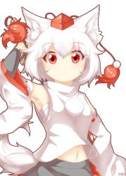 Rule 34 | 1girl, :&lt;, animal ears, armpits, bare shoulders, blush, breasts, detached sleeves, hair ornament, hat, highres, inubashiri momiji, looking at viewer, midriff, navel, open mouth, pom pom (clothes), psychopath idiot, red eyes, sarashi, short hair, silver hair, simple background, small breasts, solo, standing, sword, sword behind back, tail, tokin hat, touhou, weapon, white background, wolf ears, wolf tail