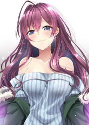 Rule 34 | 1girl, :3, ahoge, bad id, bad pixiv id, blue eyes, brown hair, collarbone, commentary request, gu li, head tilt, ichinose shiki, idolmaster, idolmaster cinderella girls, idolmaster cinderella girls starlight stage, jacket, long hair, looking at viewer, off-shoulder shirt, off shoulder, open clothes, open jacket, shirt, solo, sparkle, striped clothes, striped shirt
