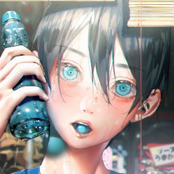 Rule 34 | 10s, 1boy, ball, black hair, blue eyes, blurry, blush, bottle, candy, close-up, curtains, depth of field, dripping, eyelashes, food, free!, hair between eyes, hana (dqkmb362), high speed!, holding, holding bottle, hot, jar, looking at viewer, male focus, mouth hold, nanase haruka (free!), ramune, shade, snack, solo, string, summer, sweat, sweets, teeth, water, wet