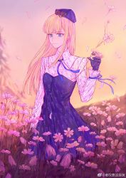 Rule 34 | 1girl, black gloves, blonde hair, blue dress, blue eyes, blue headwear, blue ribbon, closed mouth, dress, fate (series), flower, gloves, gradient background, hand up, highres, long hair, long sleeves, lord el-melloi ii case files, neck ribbon, outdoors, petals, pink flower, reines el-melloi archisorte, ribbon, solo, tanxi mei piqi, translation request