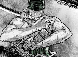 Rule 34 | 1boy, bandana, crosshatching, earrings, green bandana, hatching (texture), highres, holding, holding sword, holding weapon, jewelry, male focus, muscular, muscular male, one piece, partially colored, roronoa zoro, scar, scar across eye, short hair, simple background, solo, sword, takeuchi (a3), topless male, weapon