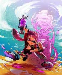 Rule 34 | .52 gal (splatoon), 1girl, arm up, baseball cap, bike shorts, black footwear, black shorts, blunt bangs, cloud, cloudy sky, commentary request, controller, hat, holding, holding weapon, inkling, inkling girl, inkling player character, inkstrike (splatoon), jumping, leg up, logo, long hair, long sleeves, looking at viewer, nintendo, one eye closed, paint splatter, partial commentary, pink eyes, pink hair, pointy ears, red hair, red shirt, remote control, seeker (splatoon), shirt, shoes, shorts, sky, smirk, sneakers, solo, sparkle, splatoon (series), splatoon 1, star (symbol), starry background, tatsuki (pizza no tempra), tornado, trigger discipline, v-shaped eyebrows, weapon