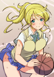 Rule 34 | 10s, 1girl, ayase eli, ball, basketball, basketball (object), blonde hair, blue eyes, blush, bouncing breasts, breasts, kosuke haruhito, large breasts, long hair, love live!, love live! school idol project, ponytail, school uniform, skirt, smile, solo, sweat, sweater vest