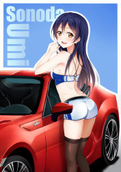 Rule 34 | 10s, 1girl, ass, bare shoulders, blue hair, breasts, car, character name, highres, long hair, love live!, love live! school idol project, medium breasts, motor vehicle, open mouth, qiuzhi huiyi, race queen, sideboob, smile, solo, sonoda umi, thighhighs, toyota, toyota 86, toyota gt86, vehicle