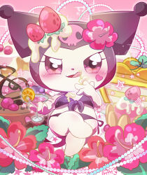 Rule 34 | 1girl, bikini, black headwear, blush, cream, cream on face, crossed legs, cup, food, food on face, hat, heart, hiyobiyo, holding, holding cup, jester cap, kuromi, onegai my melody, pink eyes, sanrio, star (symbol), sweets, swimsuit, tongue, tongue out