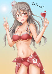 Rule 34 | 1girl, alternate costume, anti (untea9), bikini, blue background, breasts, brown eyes, collarbone, cowboy shot, cup, drink, drunk, gradient background, grey hair, hair between eyes, hat, highres, kantai collection, long hair, looking at viewer, medium breasts, mini hat, navel, open mouth, pola (kancolle), red bikini, sarong, smile, solo, swimsuit, twitter username, two-tone background, v, wavy hair, yellow background