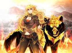 Rule 34 | 1girl, ahoge, animal, belt, black gloves, blonde hair, boots, breasts, brown jacket, brown pants, buckle, burn, cleavage, commentary, commission, crystal, english commentary, fingerless gloves, fire, gloves, gold, golden, grimm (rwby), highres, jacket, large breasts, long hair, manu-chann, midriff, mountain, no pupils, orange scarf, pants, pet, prosthesis, prosthetic arm, puffy short sleeves, puffy sleeves, purple eyes, rock, rwby, scarf, shirt, short sleeves, smile, strapless, tube top, waist cape, wavy hair, wolf, yang xiao long, yellow eyes, yellow shirt
