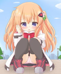 Rule 34 | 1girl, black footwear, black skirt, black thighhighs, blue sky, blush, bow, bowtie, brown hair, clockwork rabbit, cloud, collared shirt, day, dress shirt, full body, gochuumon wa usagi desu ka?, hair between eyes, hair ornament, hairclip, hand up, hoto cocoa, jacket, lamppost, long hair, looking at viewer, off shoulder, open clothes, open jacket, outdoors, panties, parted lips, pigeon-toed, pink panties, pleated skirt, polka dot, polka dot panties, purple eyes, red bow, red bowtie, ri-net, shirt, shoes, skirt, sky, solo, squatting, sweater vest, thighhighs, two side up, underwear, very long hair, white jacket, white shirt