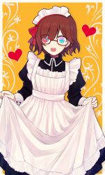 Rule 34 | 1girl, bakara (19083210), blue eyes, border, brown hair, glasses, heart, highres, long sleeves, looking at viewer, maid, maid headdress, mori misaki, multicolored background, ookami game (studio wasabi), open mouth, short hair, smile, solo, white background, white border, yellow background