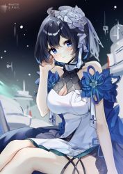 Rule 34 | 1girl, bare shoulders, black hair, blue eyes, blue hair, blush, breasts, cleavage, cleavage cutout, closed mouth, clothing cutout, commentary request, dress, feet out of frame, guzangnanfeng, hair between eyes, hand up, highres, honkai (series), honkai impact 3rd, looking at viewer, medium breasts, multicolored hair, seele vollerei, seele vollerei (stygian nymph), sitting, sleeveless, sleeveless dress, smile, solo, two-tone hair, white dress