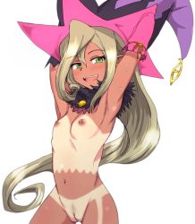 Rule 34 | 1girl, aikawa arika, armpits, arms up, bikini tan, blonde hair, blush, body blush, breasts, censored, cleft of venus, cowboy shot, dark-skinned female, dark skin, facing viewer, feather collar, female focus, female pubic hair, green eyes, hat, long hair, magilou (tales), mosaic censoring, namco, navel, nipples, nude, platinum blonde hair, pointy ears, pubic hair, pussy, shiny skin, simple background, skinny, small breasts, small nipples, smile, solo, sparse pubic hair, standing, sweat, tales of (series), tales of berseria, tan, tanline, very long hair, white background