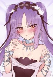 Rule 34 | 1girl, armlet, blush, bracelet, breasts, clothes pull, dress, dress pull, euryale (fate), euryale (third ascension) (fate), fate/hollow ataraxia, fate (series), frilled hairband, frills, hairband, highres, jewelry, long hair, looking at viewer, lying, m-da s-tarou, neck ring, necklace, nipples, on back, open mouth, orange eyes, parted bangs, purple hair, sidelocks, slit pupils, small breasts, smile, solo, twintails, very long hair, white dress