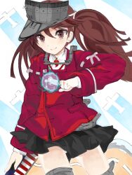 Rule 34 | 1girl, aircraft, airplane, bad drawr id, bad id, black skirt, blue background, brown eyes, brown hair, closed mouth, collared shirt, cowboy shot, grey hat, grey thighhighs, holding, kakaaru, kantai collection, looking at viewer, magic, oekaki, orb, pleated skirt, red shirt, ryuujou (kancolle), shirt, skirt, smile, solo, standing, thighhighs, thighs, two-tone background, visor cap, white background