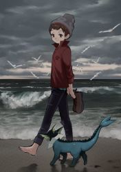 Rule 34 | 1boy, amakara000, barefoot, beanie, brown eyes, brown footwear, brown hair, cable knit, closed mouth, cloud, cloudy sky, commentary, creatures (company), denim, footprints, from side, game freak, gen 1 pokemon, gen 3 pokemon, grey headwear, hat, highres, holding, holding clothes, holding footwear, jeans, looking to the side, male focus, nintendo, ocean, outdoors, pants, plaid, pokemon, pokemon (creature), pokemon swsh, red shirt, sand, shirt, shoes, shore, sky, sleeves rolled up, smile, symbol-only commentary, toes, torn clothes, torn jeans, torn pants, unworn shoes, vaporeon, victor (pokemon), water, wingull