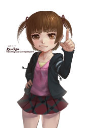 Rule 34 | absurdres, artist name, bad id, bad pixiv id, blush, brown eyes, brown hair, dated, flat chest, grin, highres, hood, hoodie, keureu (tiqkdtiqkd10), looking at viewer, marui mitsuba, mitsudomoe, plaid, plaid skirt, pointing, short twintails, simple background, skirt, smile, twintails, watermark, web address, white background