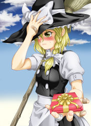 Rule 34 | 1girl, blonde hair, blush, braid, broom, chimu, female focus, hat, kirisame marisa, outdoors, sky, solo, touhou, witch, witch hat, yellow eyes