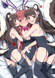 Rule 34 | 3girls, absurdres, alternate costume, animal ear fluff, animal ears, arm hug, ass, azur lane, back, backboob, bare shoulders, bed sheet, black leotard, black thighhighs, blunt bangs, blush, bow, bowtie, breast press, breasts, brown eyes, brown hair, cleavage, closed mouth, clothing cutout, commentary request, commission, crossover, detached collar, eggman (pixiv28975023), embarrassed, fake animal ears, fang, feet out of frame, flower, frilled thighhighs, frills, frown, garter straps, girl sandwich, groin, hair between eyes, hair bow, hair flower, hair ornament, happy, heart, highleg, highleg leotard, highres, hug, kiss, kissing cheek, large breasts, leotard, long hair, looking at viewer, lying, machikado mazoku, multicolored hair, multiple girls, multiple persona, naganami (azur lane), navel, navel cutout, nose blush, on back, on side, one eye closed, playboy bunny, profile, rabbit ears, red bow, red bowtie, red hair, sandwiched, shiny skin, sideways glance, skeb commission, skin fang, skunk ears, skunk girl, skunk tail, strapless, strapless leotard, streaked hair, sweatdrop, symmetrical docking, tail raised, thighhighs, thighs, white flower, white hair, white wrist cuffs, wrist cuffs, yoshida yuuko (machikado mazoku), yuri