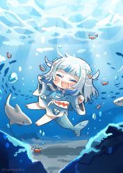 Rule 34 | 1girl, :3, :d, ^ ^, air bubble, barefoot, blue hair, blunt bangs, blush, bubble, chibi, closed eyes, commentary, crab, fins, fish, fish tail, gawr gura, happy, highres, hololive, hololive english, long hair, multicolored hair, open mouth, same anko, shark, shark tail, sharp teeth, shrimp, smile, solo, streaked hair, symbol-only commentary, tail, teeth, twitter username, two-tone hair, two side up, underwater, underwear, virtual youtuber, white hair, wide sleeves