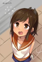 Rule 34 | 10s, 1girl, blue skirt, brown eyes, brown hair, flying sweatdrops, from above, i-401 (kancolle), kantai collection, looking up, open mouth, pavement, pleated skirt, ponytail, sailor collar, skirt, solo, twitter username, yukichi (eikichi)